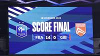 Papan skor memperlihatkan Prancis kalahkan Gibraltar dengan skor 14-0 pada Kualifikasi Euro 2024. (FRANCK FIFE / AFP)