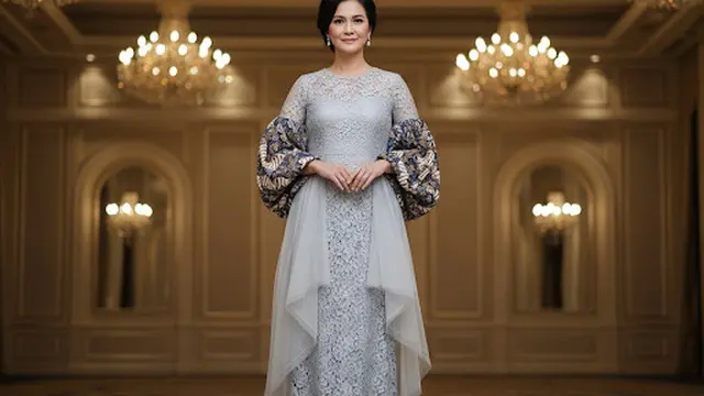 Maxi Dress Brokat dengan Lengan Balon dan Aksen Tulle