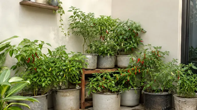 Ide Kebun Cabai di Panci Bekas yang Sudah Tidak Terpakai (AI)