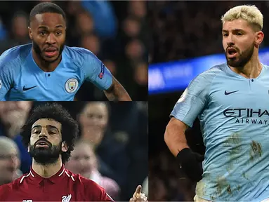 Sergio Aguero kembali meramaikan persaingan meraih gelar pencetak gol terbanyak Premier League usai mencetak trigol ke gawang Chelsea. Kini Aguero memiliki gol yang sama dengan Mohamed Salah. (Kolase Foto AFP)