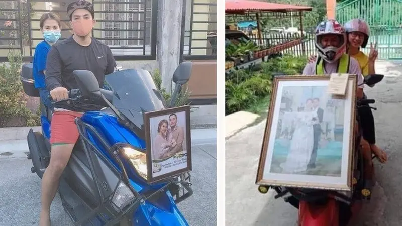 pengendara di Filipin pasang foto pernikahan di motor