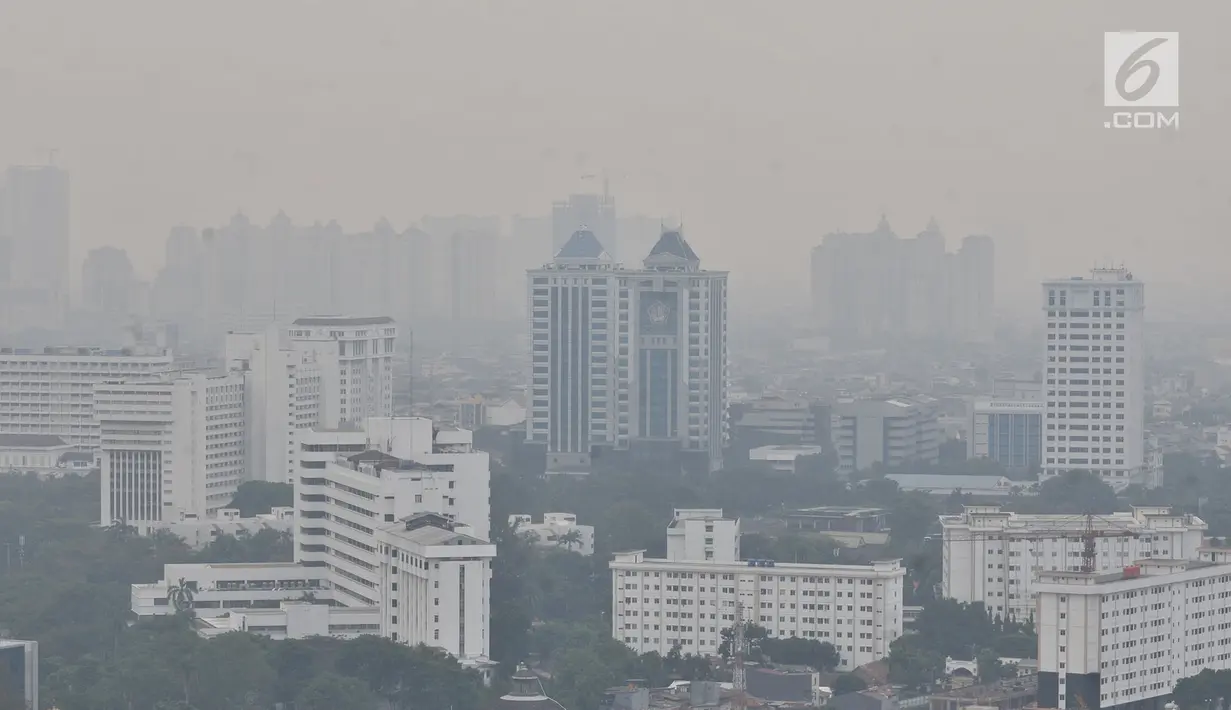 Kabut tipis menyelimuti udara di salah satu sudut kota Jakarta, Selasa (10/7). Tingkat polusi di Jakarta masuk dalam kategori tidak sehat sehingga menyebabkan pemandangan menjadi berkabut dan mengancam kesehatan pernapasan. (Merdeka.com/Iqbal S. Nugroho)