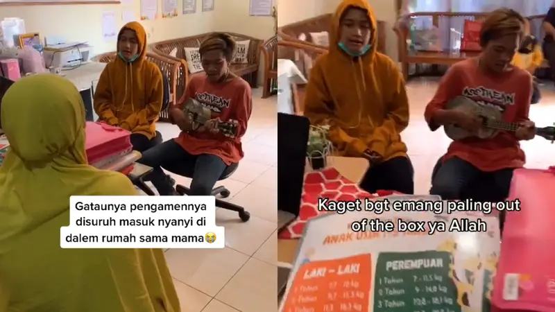 Seorang ibu meminta pengamen menyanyi di dalam rumahnya.