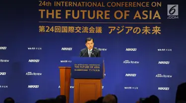 Wapres RI Jusuf Kalla memberikan pidato Konferensi Internasional ke-24 Tentang Masa Depan Asia di Tokyo, Jepang, Selasa (12/6). Pidato tersebut bertemakan "Keeping Asia Open : How to Achieve Prosperity and Stability". (Liputan6.com/HO/Media Wapres)