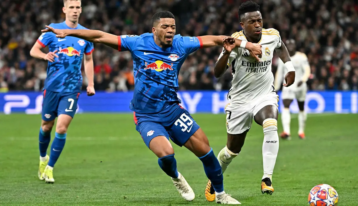 Real Madrid maju ke babak delapan besar karena menang agregat 2-1 dari RB Leipzig. (JAVIER SORIANO/AFP)