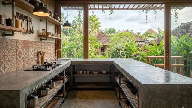 Dapur Semi Outdoor dengan Meja Beton Polos