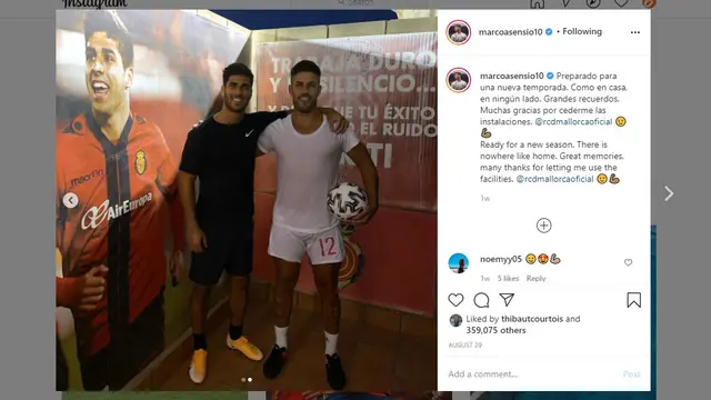 Pemain Real Madrid, Marco Asensio menghabiskan waktu liburan musim panas untuk berlatih di Mallorca (Instagram)