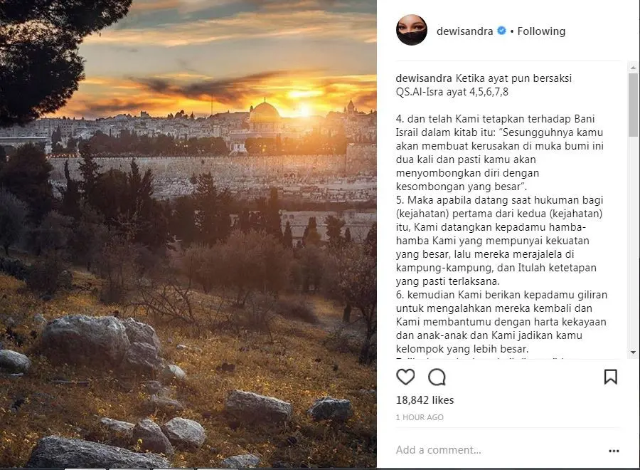 Dewi Sandra terangkan ayat Alquran terkait pernyataan Donald Trump tentang Yuresalem jadi Ibu Kota Israel (Foto: Instagram)