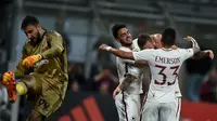 Reaksi para pemain AS Roma usai Daniele De Rossi mencetak gol ke gawang AC Milan, pada laga lanjutan Liga Italia Serie A 2016-2017, di Stadion San Siro, Milano, Senin (8/5/2017) dini hari WIB.  AC Milan takluk 1-4 dari AS Roma.  (AFP/Filippo Monteforte)