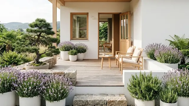 Teras Skandinavia dengan Lavender dan Rosemary