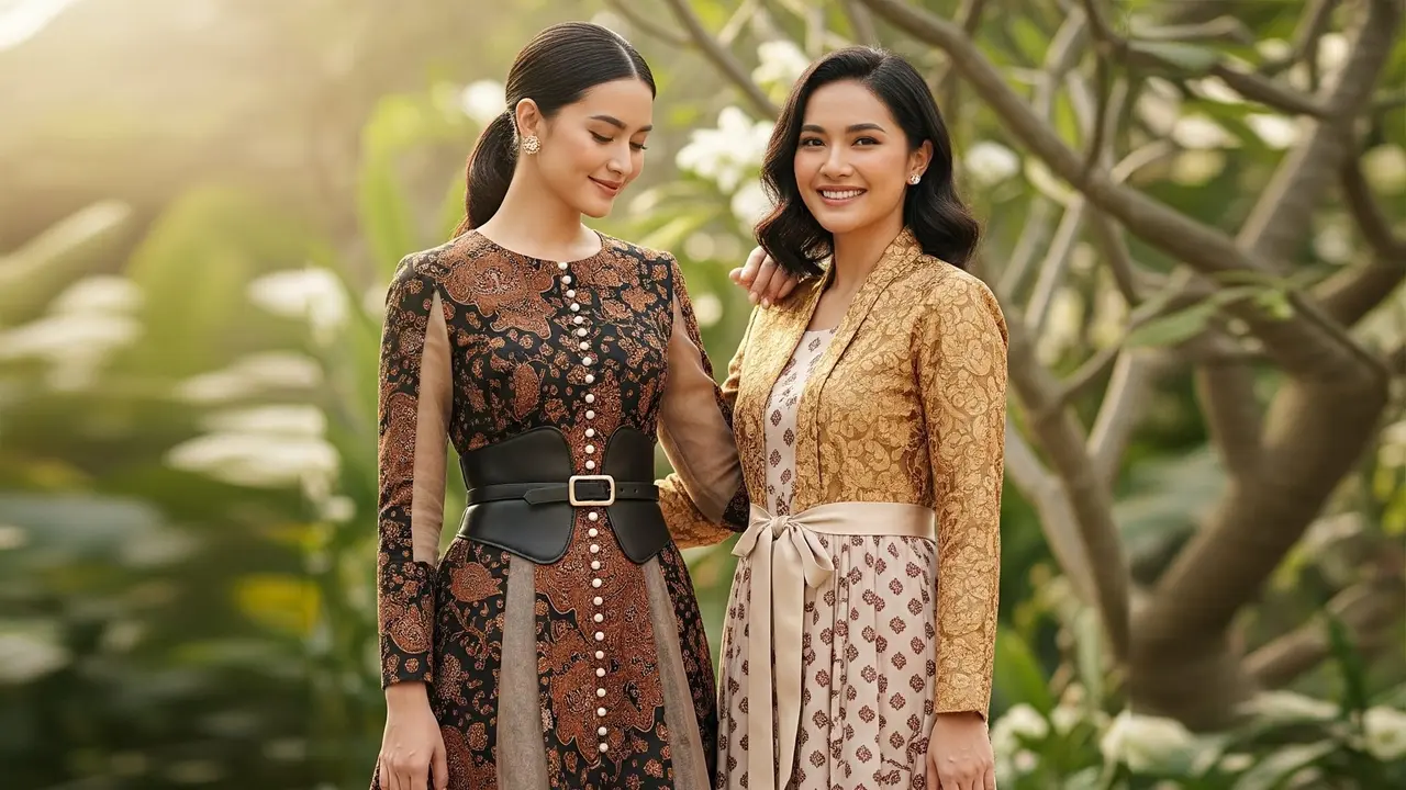 Inspirasi Outfit Dress Batik Kombinasi Brokat Sabuk Pinggang Elegan. Foto: Gemini