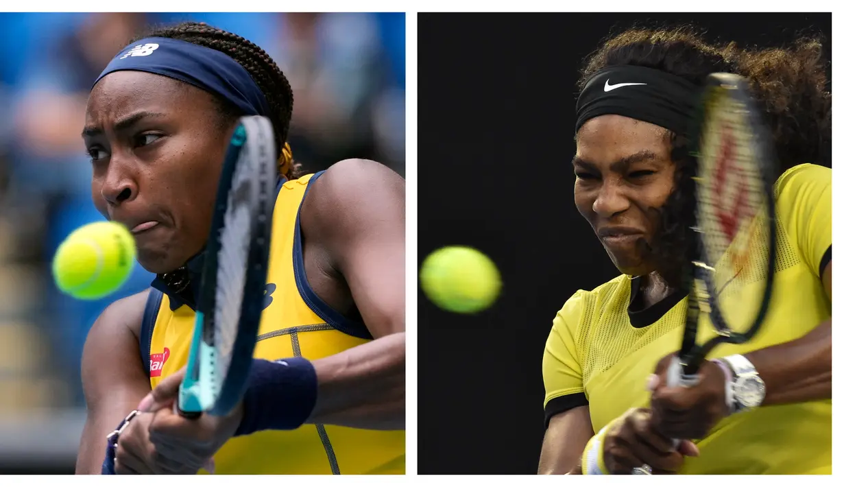 Ekspresi petenis Amerika Serikat, Coco Gauff (kiri) dan Serena Williams saat mengembalikan bola ke arah lawan di turnamen Australia Open. (Foto Kolase: AP Photo/Andy Wong dan AFP/Paul Crock)