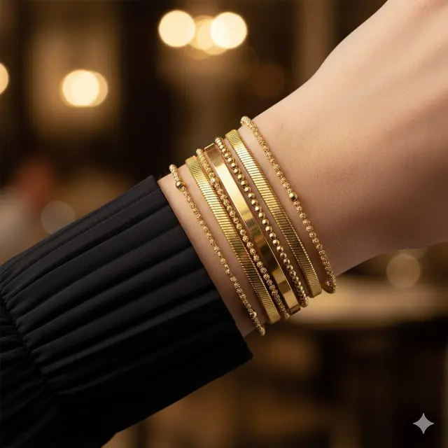 Gelang Emas Kombinasi Tali Ular dan Pasir Cocok untuk Gaya Layering