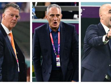 Foto kolase dari pelatih Timnas Belanda, Louis Van Gaal (kiri), pelatih Timnas Brasil, Tite, dan pelatih Belgia, Roberto Martinez ketika masih menukangi timnas masing-masing di Piala Dunia 2022. Ketiga pelatih tersebut kini telah memilih mundur dari jabatannya dengan berbagai alasan. (AFP/Alberto Pizzoli, Gabriel Bouys, Jewel Samad)