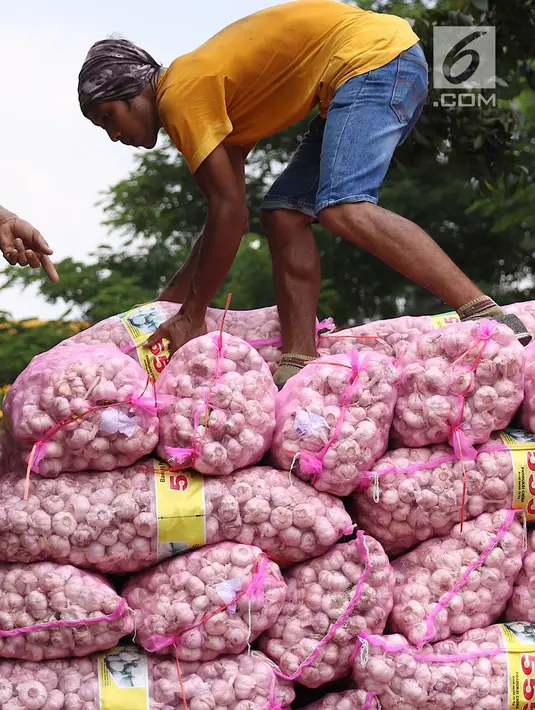 Pekerja mengangkut bawang putih dari truk untuk dijual di Pasar Induk Kramat Jati, Jakarta, Selasa (2/4/2019). Sejumlah pedagang di Pasar Induk Kramat Jati mengaku harga bawang merah dan bawang putih relatif stabil, meskipun terjadi kenaikan harga di beberapa daerah. (Liputan6.com/Immanuel Antonius)