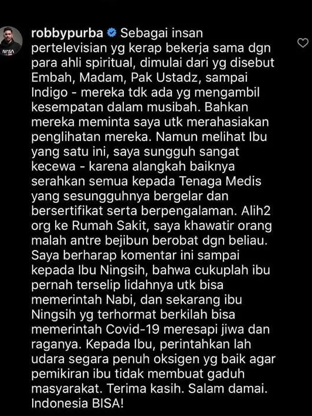 Unggahan Robby Purba. (Foto: Instagram @robbypurba)