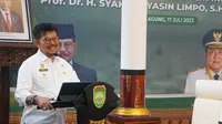 Menteri Pertanian Syahrul Yasin Limpo saat memberikan arahan pada Rapat Koordinasi Antisipasi Iklim Ekstrim El Nino bersama Pemerintah Provinsi Sumatera Selatan, di Palembang, Senin (17/7) siang/Istimewa.