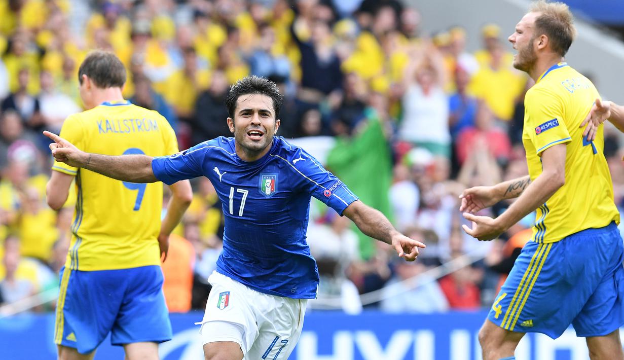 Eder mencetak gol tunggal kemenangan Italia atas Swedia melalui aksi individunya. Selain itu, Eder juga memenangi 100% duel perebutan bola. (AFP/Vincenzo Pinto) 