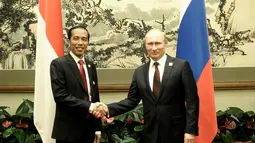 Presiden Joko Widodo (kiri) bertemu dengan Presiden Rusia Vladimir Putin (kanan) saat KTT APEC 2014 di Beijing, Tiongkok, Senin (10/11/2014)(Antara Foto/Setpres)