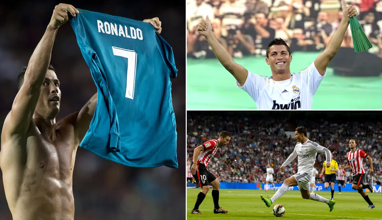 Cristiano Ronaldo mengakhirI kebersamaan sembilan tahun bersama Real Madrid. Berbagai momen indah dijalani CR 7 bersama Los Blancos, dirinya menjadi top scorer sepanjang masa dan juga meraih 15 trofi prestisius. (Kolase foto-foto dari AFP)
