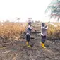 Personel Polda Riau di Siak mendinginkan lahan setelah dipadamkan beberapa hari lalu. (Liputan6.com/M Syukur)