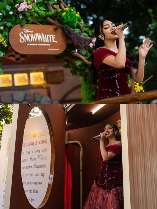 Dengan penampilan ala princess, Naura Ayu memamerkan suara merdunya di instalasi film Snow White [@naura.ayu]