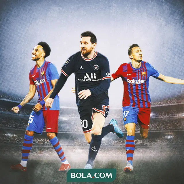 Ilustrasi - Lionel Messi dikelilingi Luuk de Jong, Aubameyang