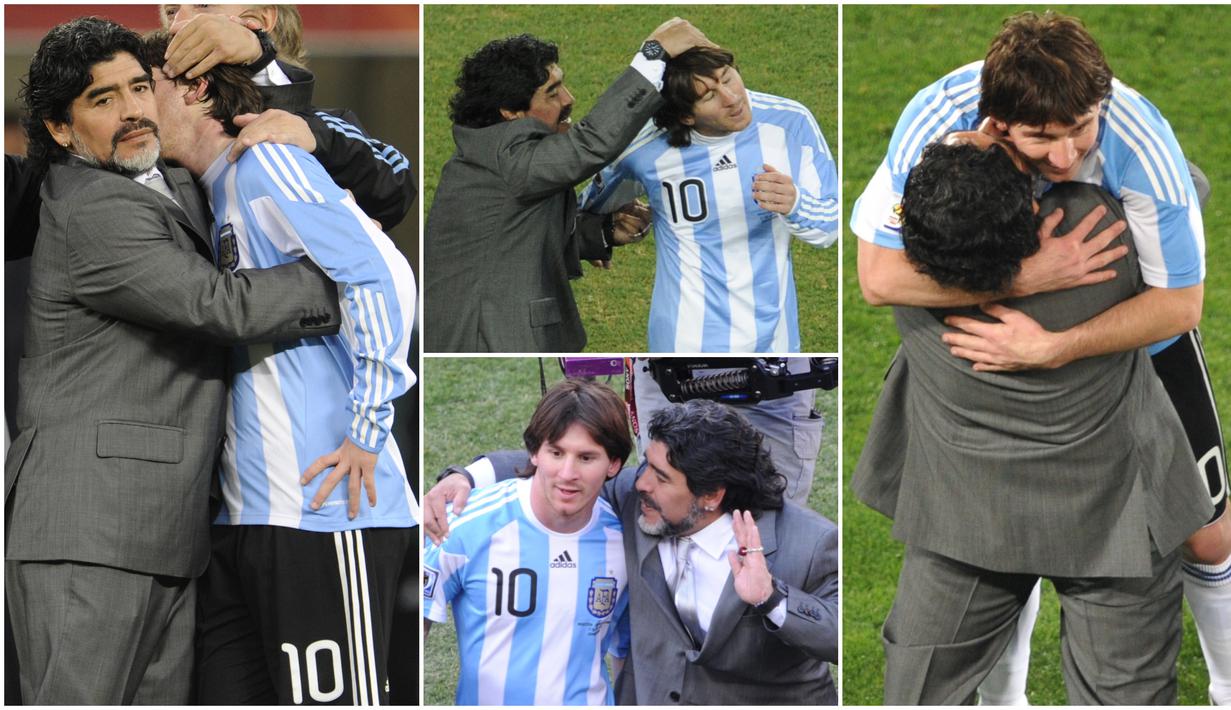 Diego Maradona dan Lionel Messi merupakan dua pesepak bola terbaik dan terbesar yang pernah ada di dunia. Keduanya pernah bekerja sama saat membela Timnas Argentina di Piala Dunia 2010 di Afrika Selatan. Berikut momen kedekatan mereka.