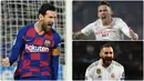 Raihan gol Lionel Messi masih belum tertandingi meski ia tidak mencetak gol di laga pekan ke-30 saat Barcelona melawan Sevilla. Sementara Karim Benzema yang tampil produktif bersama Real Madrid mulai menambah jumlah golnya. Berikut top skor sementara Liga Spanyol. (kolase foto AFP)