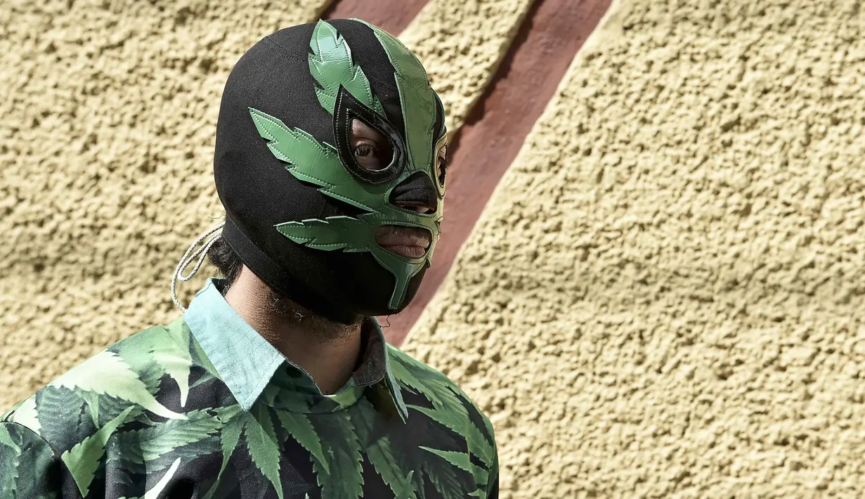 Seorang aktivis memakai topeng dan kostum bermotif ganja saat mengelar aksi di depan Komisi Federal untuk Perlindungan terhadap Risiko Sanitary (COFEPRIS) untuk budidaya dan penggunaan ganja sebagai obat di Mexico City (20/11). (AFP PHOTO/Yuri Cortez)