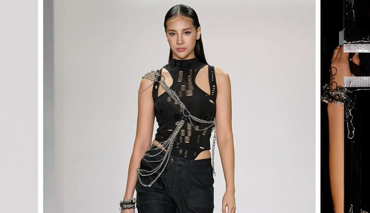 Penampilan Anya Geraldine saat catwalk di NYFW 2022 juga tak luput dari perhatian netizen. Dirinya tampil begitu menawan dalam busana berwarna hitam dengan detail yang menarik. (Liputan6.com/IG/@anyageraldine)