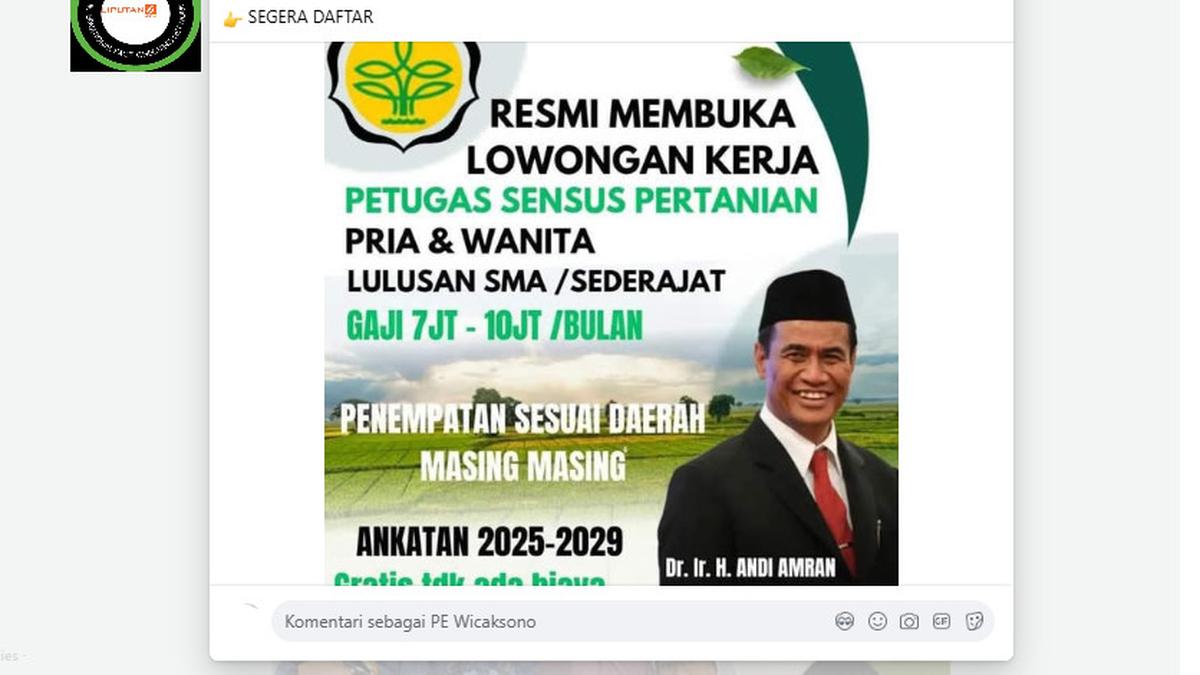 Cek Fakta: Tidak Benar Ini Link Pendaftaran Lowongan Kerja Petugas Pertanian 2025
