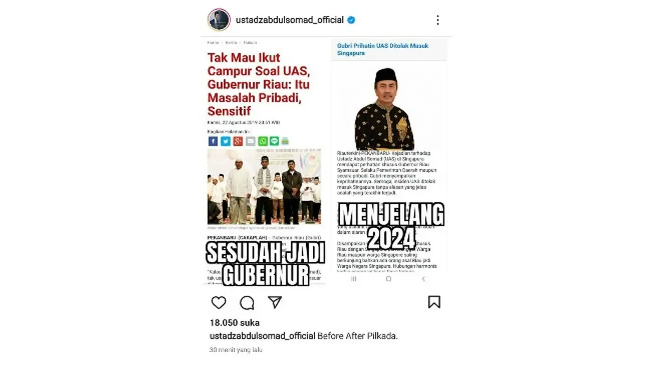 Postingan Intagram Ustaz Abdul Somad soal Gubernur Riau Syamsuar.