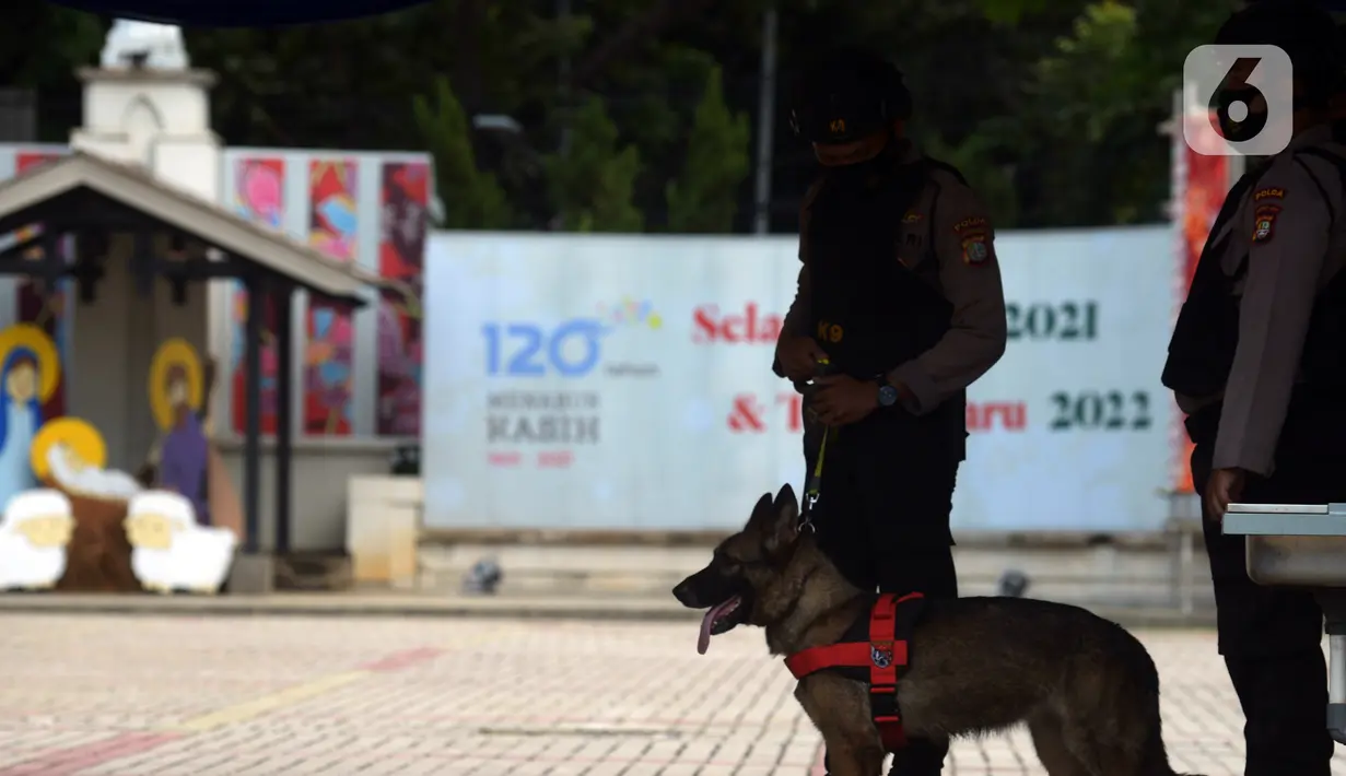 Polisi dan anjing berjaga di area Gereja Katedral, Jakarta, Jumat (24/12/2021). Gereja Katedral menggelar ibadah Natal selama dua hari secara offline dan online. (merdeka.com/Imam Buhori)