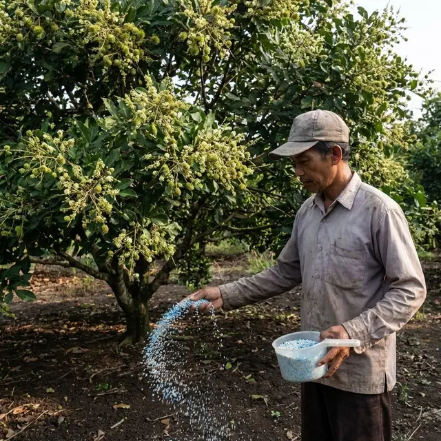 Menaburkan pupuk NPK pada pohon rambutan (Gemini AI)