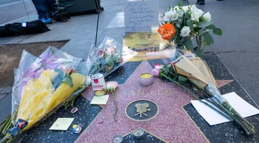 Penggemar meletakkan karangan bunga dan memorabilia lainnya di atas bintang Walk of Fame milik pencipta sekaligus legenda komik-komik Marvel, Stan Lee di Hollywood, California, Senin (12/11). Stan Lee meninggal dunia pada usia 95. (VALERIE MACON / AFP)