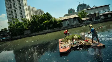 Pekerja kebersihan membersihkan tumbuhan liar dan sampah di bantaran Kali Sentiong, Jakarta, Selasa (31/3/2015). Kegiatan tersebut dilakukan guna mengantisipasi banjir dan mengurangi penumpukan sampah di sepanjang sungai. (Liputan6.com/Faizal Fanani)