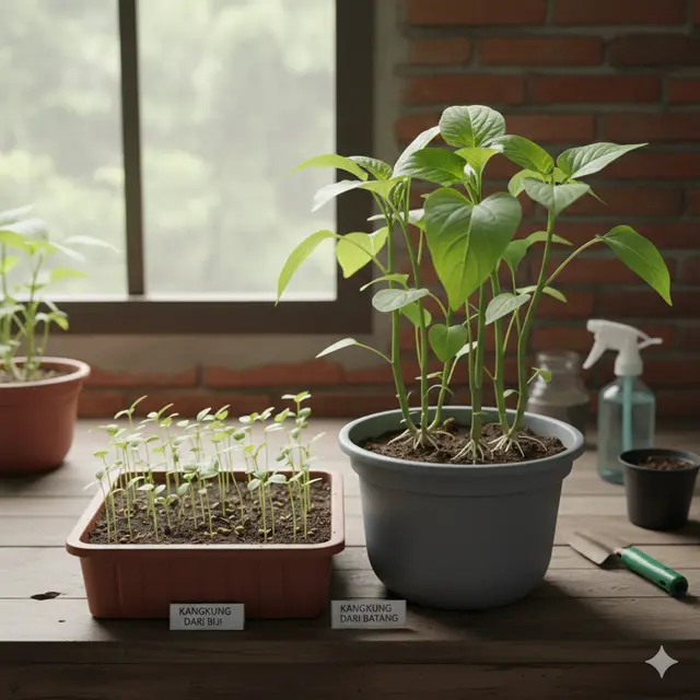 Kangkung yang Ditanam dari Biji (kiri) dan Batang (kanan) (Foto: Gemini)