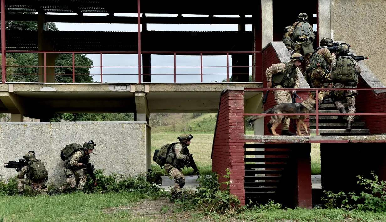 Sejumlah tentara Italia berusaha masuk ke dalam sebuah bangunan saat mengikuti latihan militer di sebuah kamp pelatihan di Tarquinia, dekat Roma, (21/5).  (AFP Photo/Tiziana Fabi)