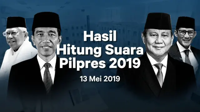 Berikut hasil hitung suara Pemilu 2019 yang sudah masuk di situs pemilu2019.kpu.go.id pada Senin 13 Mei 2019.