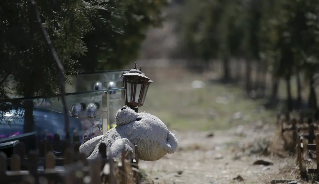 Boneka Beruang diletakkan di salah satu makam di pemakaman hewan, Beijing , Cina (26/3). Memiliki hewan peliharaan kini telah menjadi simbol kesuksesan di Cina. (REUTERS / Jason Lee)