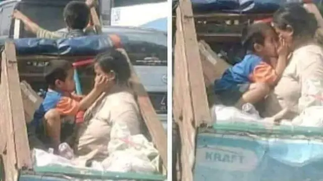 foto bocah cium ibu di dalam gerobak bikin netizen haru (Foto: Twitter.com/@motikatrok)