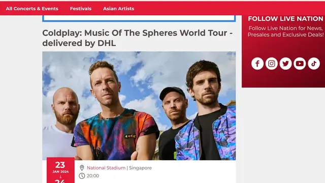 Penjualan tiket konser Coldplay Singapore dilakukan melalui website Live Nation (Foto: Screenshot Livenation.sg).