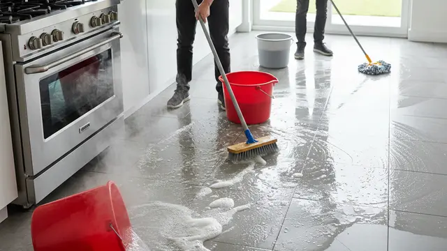 Cara Membersihkan Lantai Dapur Berminyak dan Menghitam (Foto: Gemini AI)