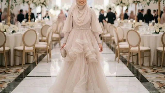 model gamis organza dengan aksen ruffle dan pita (image by Gemini AI)