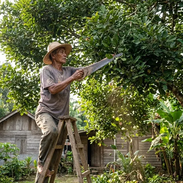Memangkas pohon rambutan sebelum berbunga agar terkena sinar matahari (Gemini AI)