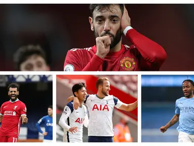 Gelandang Manchester United, Bruno Fernandes, memulai debutnya 1 Februari 2020 lalu. Hingga pekan ke-15 musim ini, ia telah membuat pengaruh yang signifikan bagi klubnya maupun Premier League. Gol dan assistnya memanaskan persaingan dengan pemain lain di sektor ini. (Kolase Foto AFP)